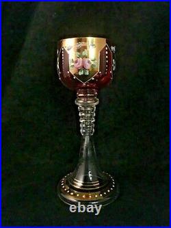 Antique Moser Hand Painted Enamel Cranberry Art Glass Wine Goblet withGold Overlay