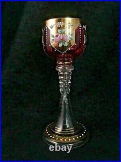 Antique Moser Hand Painted Enamel Cranberry Art Glass Wine Goblet withGold Overlay