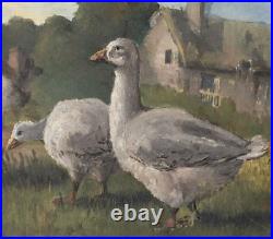 Antique Oil Original Enamel Painting Signed Animals, Geese, Farm Backyard