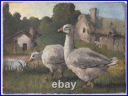 Antique Oil Original Enamel Painting Signed Animals, Geese, Farm Backyard