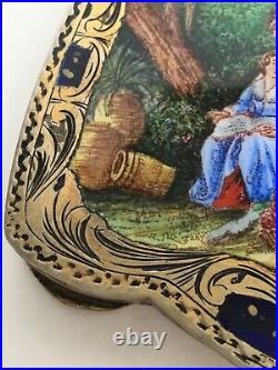 Antique Silver Enamel Hand Painted Italian Compact Marked 800 Music Art