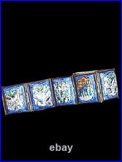 Antique Silver Enamel Hand-painted Persian Storyteller Hinged Panel Bracelet