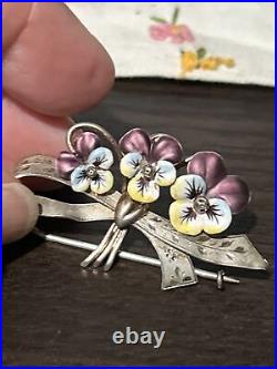 Antique Stunning Art Nouveau 800 Silver Enamel & Pearl Pansy Flower Pin Brooch