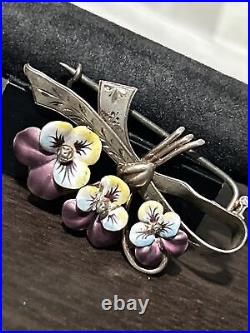 Antique Stunning Art Nouveau 800 Silver Enamel & Pearl Pansy Flower Pin Brooch