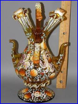 Antique Venetian Amber Art Glass Hand Blown Painted Enamel Cruet Bottle
