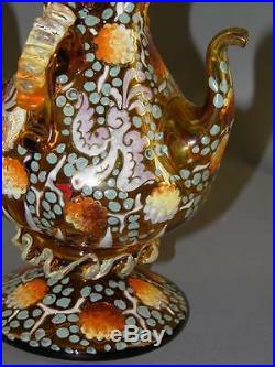 Antique Venetian Amber Art Glass Hand Blown Painted Enamel Cruet Bottle