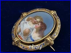 Antique Victorian 18k gold brooch hand painted enamel painting of 2 girls rare