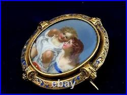 Antique Victorian 18k gold brooch hand painted enamel painting of 2 girls rare