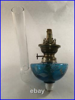 Antique Victorian Blue Enamel Painted Art Glass Peg Lamp Oil Lamp Font