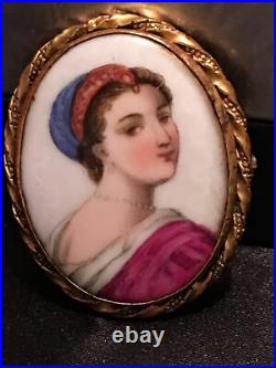 Antique Victorian Portrait Brooch Cameo Hand Painted Porcelain Enamel Pin Vtg