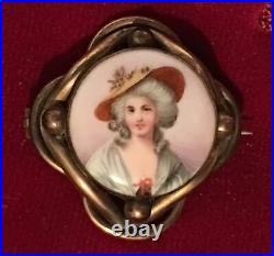 Antique Victorian Portrait Brooch Hand Painted Porcelain Cameo Pin