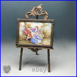 Antique Viennese enamel miniature portrait painting bronze frame two lovers