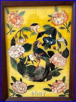 Antique Vintage French Framed Enamel Painting Birds With Flowers