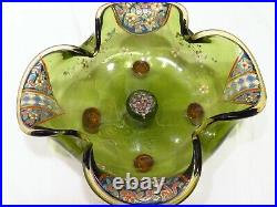 Antique blown glass Footed bowl w Hand Painted Art Nouveau Enameled design
