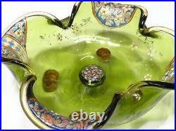 Antique blown glass Footed bowl w Hand Painted Art Nouveau Enameled design