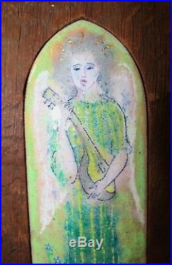 Antique original hand enameled dome copper Limoges angel musician painting art