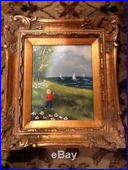 Appealing J. Polk Enamel On Copper Painting In A Gilt Frame Landscape Boats Lake