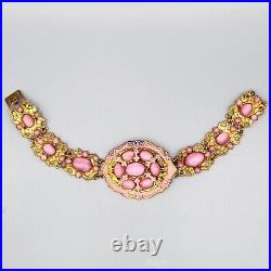 Art Deco Nouveau Czech SignedPink Glass Moon Stone Enamel Ornate Gilt Bracelet