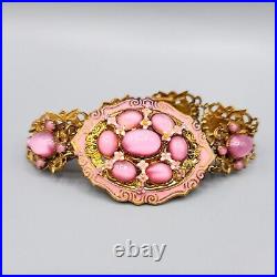 Art Deco Nouveau Czech SignedPink Glass Moon Stone Enamel Ornate Gilt Bracelet