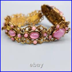 Art Deco Nouveau Czech SignedPink Glass Moon Stone Enamel Ornate Gilt Bracelet