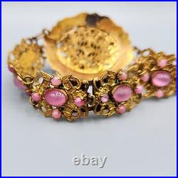 Art Deco Nouveau Czech SignedPink Glass Moon Stone Enamel Ornate Gilt Bracelet