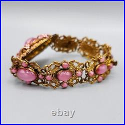 Art Deco Nouveau Czech SignedPink Glass Moon Stone Enamel Ornate Gilt Bracelet