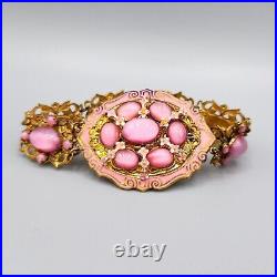 Art Deco Nouveau Czech SignedPink Glass Moon Stone Enamel Ornate Gilt Bracelet