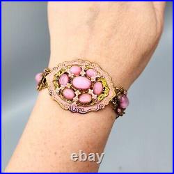 Art Deco Nouveau Czech SignedPink Glass Moon Stone Enamel Ornate Gilt Bracelet