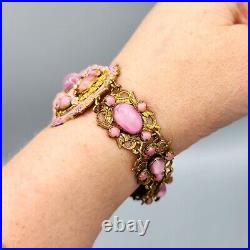 Art Deco Nouveau Czech SignedPink Glass Moon Stone Enamel Ornate Gilt Bracelet