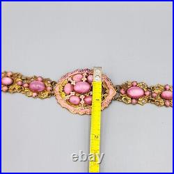 Art Deco Nouveau Czech SignedPink Glass Moon Stone Enamel Ornate Gilt Bracelet