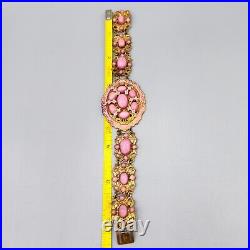 Art Deco Nouveau Czech SignedPink Glass Moon Stone Enamel Ornate Gilt Bracelet