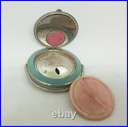 Art Deco Silver Plated Whoopee Compact Blue Guilloche Painted McRae & Keller