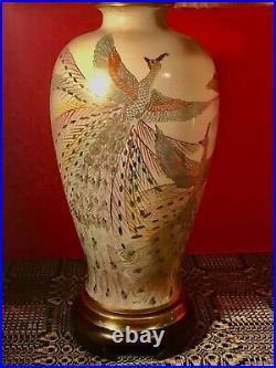Art Deco Table Lamp Vase Form Hand Painted & Gilt Peacocks with Accordion Shade