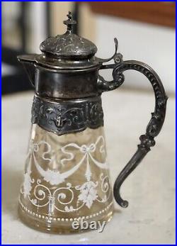 Art Nouveau Antique Decorated Silver Plate White Enamel Decanter 7 1/2 Tall