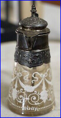 Art Nouveau Antique Decorated Silver Plate White Enamel Decanter 7 1/2 Tall