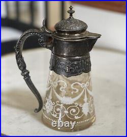 Art Nouveau Antique Decorated Silver Plate White Enamel Decanter 7 1/2 Tall