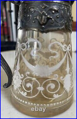 Art Nouveau Antique Decorated Silver Plate White Enamel Decanter 7 1/2 Tall