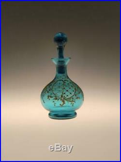 Art Nouveau Blue Glass Painted Enamels Perfume Bottle Bohemian Czech Antique