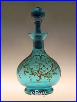 Art Nouveau Blue Glass Painted Enamels Perfume Bottle Bohemian Czech Antique