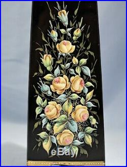 Art Nouveau Bohemian Moser Hand Painted Enamel Black Glass Triangle Vase C. 1900
