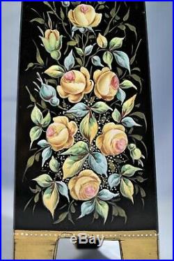 Art Nouveau Bohemian Moser Hand Painted Enamel Black Glass Triangle Vase C. 1900