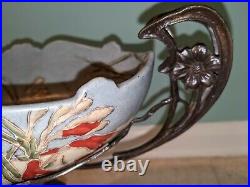 Art Nouveau Enamel Painted Flower Ceramic Centerpiece with Heavy Metal Stand