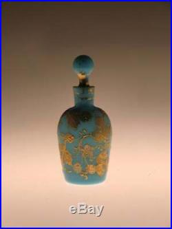 Art Nouveau Opaque Blue Glass Perfume Bottle Gilded Gilt Painted Enamel Bohemian