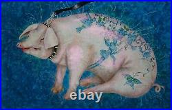 Art painting contemporary artist figurative realism animal pig fetish tatoo blue