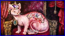 Art painting contemporary figurative portrait animal sphinx cat pink tatoo crown