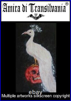 Art painting contemporary modern decorative animal bird white peacock red skull
