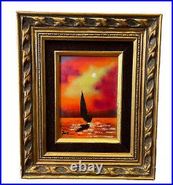 Artist Signed Enamel on Copper Painting Impressionist Original Art Sailboat Sun