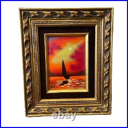Artist Signed Enamel on Copper Painting Impressionist Original Art Sailboat Sun