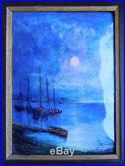 Beautiful 1900 s R. Sarlandie Enamel Copper Boats Sea Ocean Marine Painting