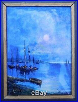Beautiful 1900 s R. Sarlandie Enamel Copper Boats Sea Ocean Marine Painting
